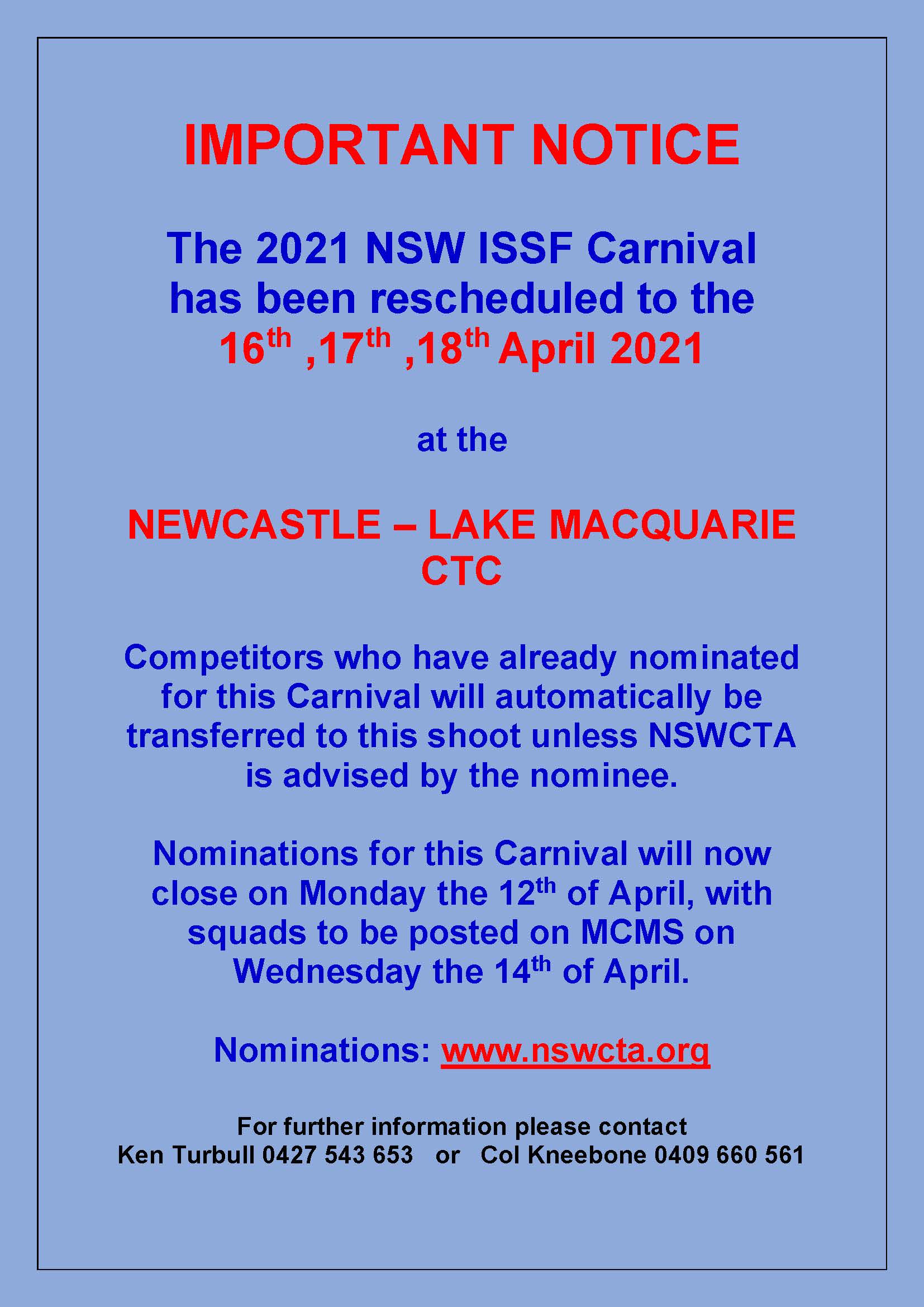 NSW ISSF postponed